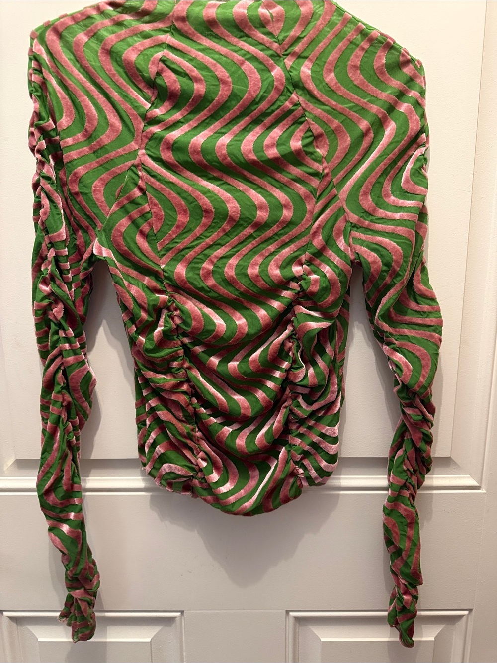 Urban Outfitters Green and Pink Swirl Ruched Long Sleeve Top